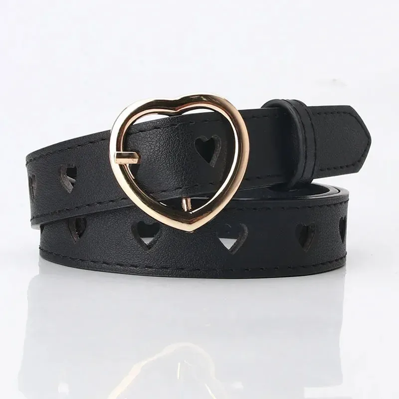 Women PU Leather Belt Hollow Out Loving Heart Ladies Waist Belt Trousers Pin Buckle Leather Personality Female Vintage Waistband