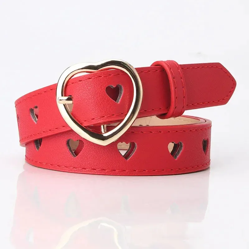 Women PU Leather Belt Hollow Out Loving Heart Ladies Waist Belt Trousers Pin Buckle Leather Personality Female Vintage Waistband