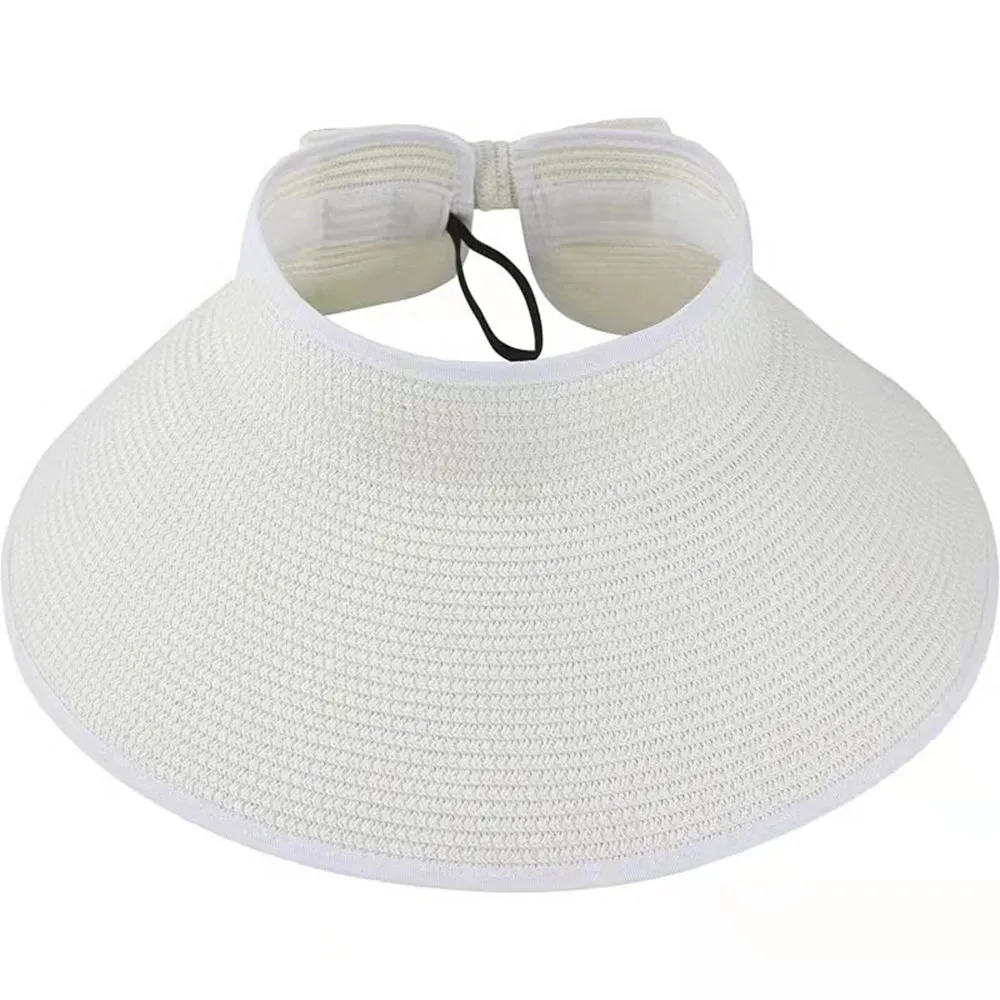 Women Sun Protection Empty Top Straw Hat Beach Wide Brim Bow-Knot Big Floppy Folding Sun Hat