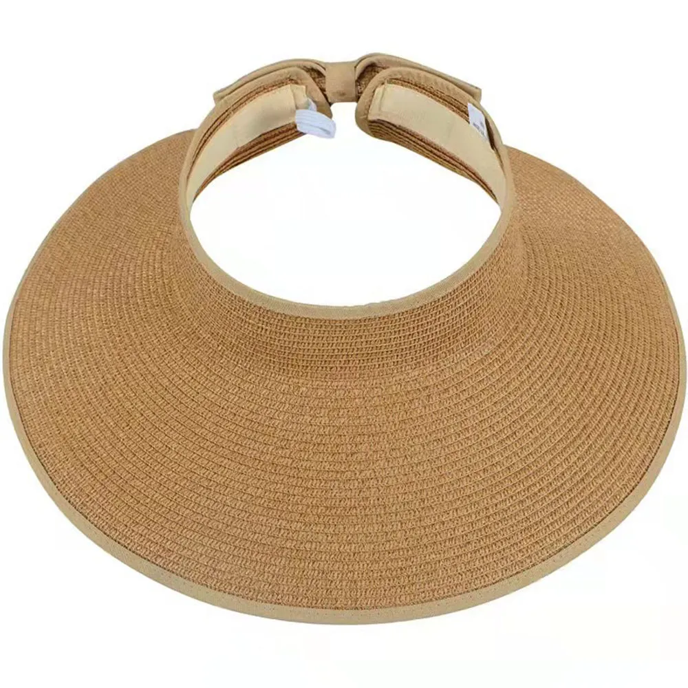 Women Sun Protection Empty Top Straw Hat Beach Wide Brim Bow-Knot Big Floppy Folding Sun Hat