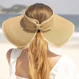 Women Sun Protection Empty Top Straw Hat Beach Wide Brim Bow-Knot Big Floppy Folding Sun Hat