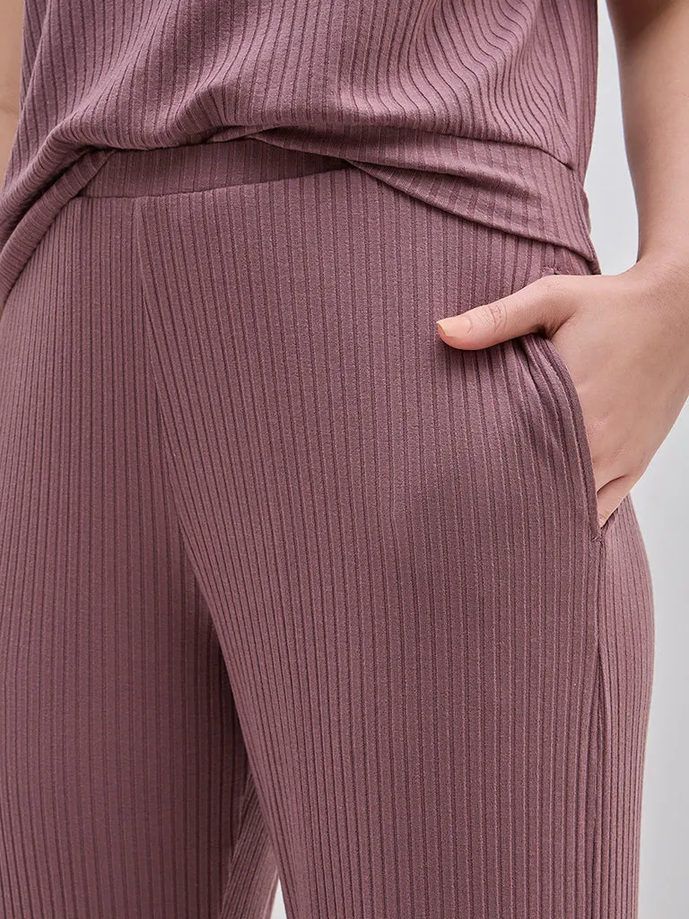 Wunderlove Mauve Ribbed High-Rise Cotton Blend Lounge Pants