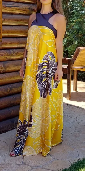 Yellow long silk dress with leafs print- My Closet Diary 21