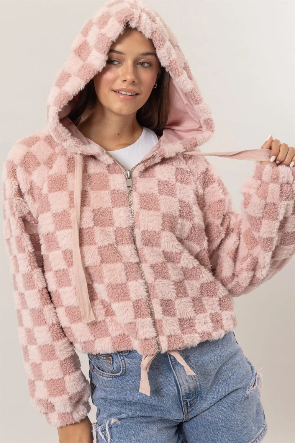 Zip Up Sherpa Checkered Hooded Jacket